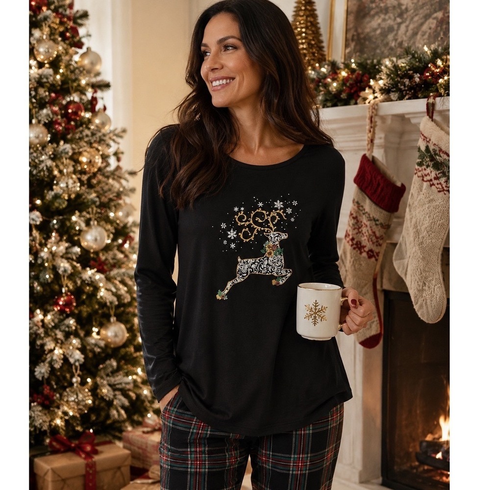 Karen Scott Womens XL Christmas Reindeer Embellished Rhinestone Long Sleeve Top